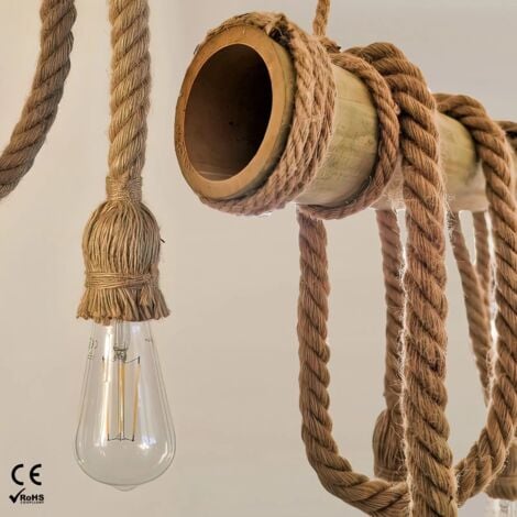 MAKA - Lampadario vintage in corda di bambù e canapa, 4 teste E27 da soffitto. Ideale per arredamento rustico o retrò, illuminazione potente e materiali ecologici