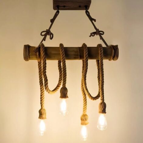 MAKA - Lampadario vintage in corda di bambù e canapa, 4 teste E27 da soffitto. Ideale per arredamento rustico o retrò, illuminazione potente e materiali ecologici