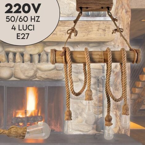 MAKA - Lampadario vintage in corda di bambù e canapa, 4 teste E27 da soffitto. Ideale per arredamento rustico o retrò, illuminazione potente e materiali ecologici