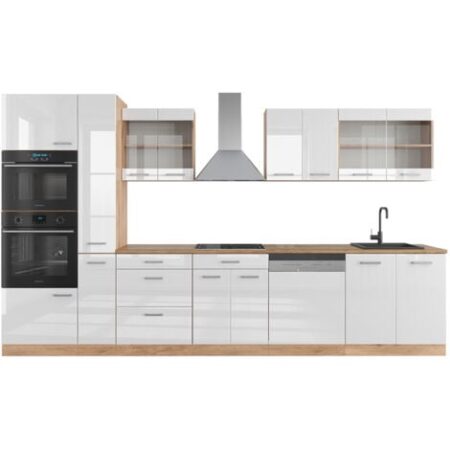 Cucina componibile R-Line, Bianco lucido/oro power oak, 350 cm con armadio alto, senza piano di lavoro, Vicco