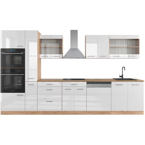 Cucina componibile R-Line, Bianco lucido/oro power oak, 350 cm con armadio alto, senza piano di lavoro, Vicco