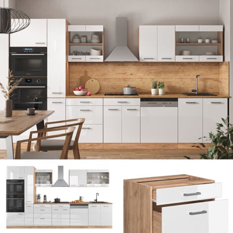 Cucina componibile R-Line, Bianco lucido/oro power oak, 350 cm con armadio alto, senza piano di lavoro, Vicco