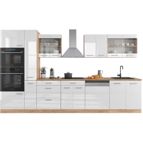Cucina componibile R-Line, Bianco lucido/oro power oak, 350 cm con armadio alto, senza piano di lavoro, Vicco