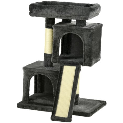 PawHut Albero Tiragraffi per Gatti con Lettino, 2 Casette e Pali in Sisal Grigio