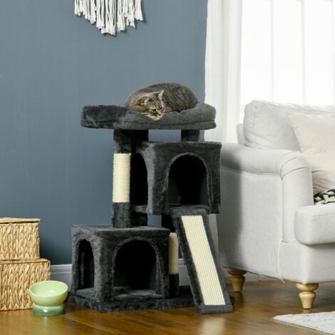 PawHut Albero Tiragraffi per Gatti con Lettino, 2 Casette e Pali in Sisal Grigio