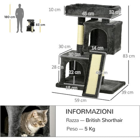PawHut Albero Tiragraffi per Gatti con Lettino, 2 Casette e Pali in Sisal Grigio