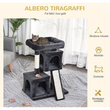 PawHut Albero Tiragraffi per Gatti con Lettino, 2 Casette e Pali in Sisal Grigio