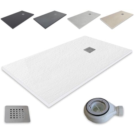 Piatto doccia ultrasottile in resina Outletaseo® - Antiscivolo con texture ardesia -【70x90 cm, bianco RAL-9003】- Inclusa valvola di scarico + griglia