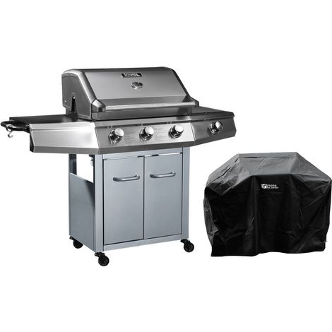 Barbecue a gas con LED Bingo 4 - 4 fuochi di cui 1 laterale - 14kW + Fodera di protezione - Argento
