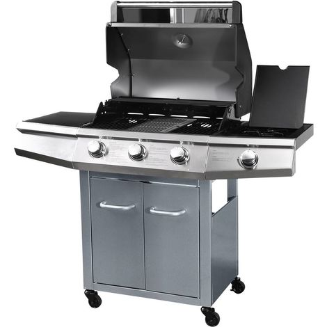 Barbecue a gas con LED Bingo 4 - 4 fuochi di cui 1 laterale - 14kW + Fodera di protezione - Argento