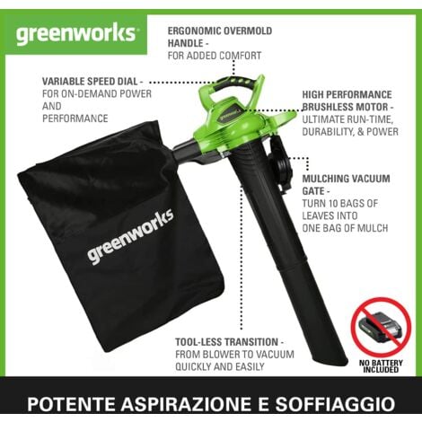 Greenworks GD40BV Aspiratore Soffiatore a Batteria per Foglie, con Motore Brushless, 280km/h, 9,63m³/min, Sacco di Raccolta da 45L, SENZA Batteria 40V e Caricabatterie, Garanzia 3 Anni