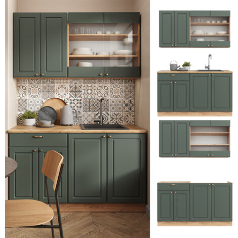 Cucina completa Fame-Line, Quercia verde-oro Country/oro Power, 140 cm senza piano di lavoro, Vicco
