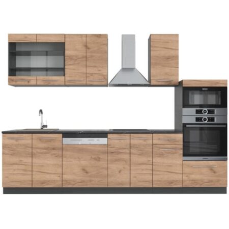 Cucina componibile Fame-Line, Quercia dorata/antracite, 300 cm con armadio alto, senza piano di lavoro, Vicco