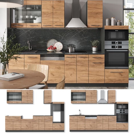 Cucina componibile Fame-Line, Quercia dorata/antracite, 300 cm con armadio alto, senza piano di lavoro, Vicco