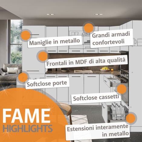 Cucina componibile Fame-Line, Quercia dorata/antracite, 300 cm con armadio alto, senza piano di lavoro, Vicco