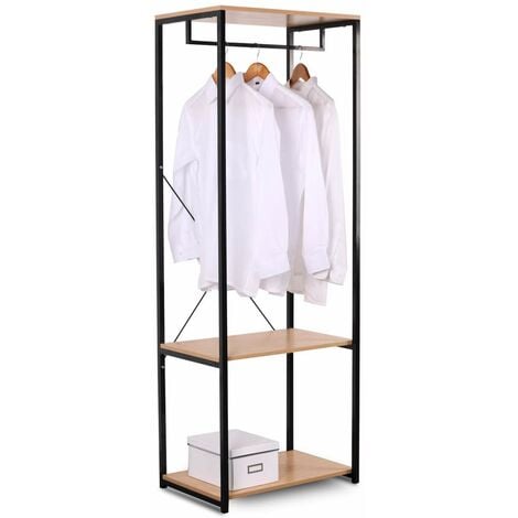 WOLTU Stand Appendiabiti Attaccapanni Guardaroba Scaffale a 3 Ripiani Portabiti Legno+Nero