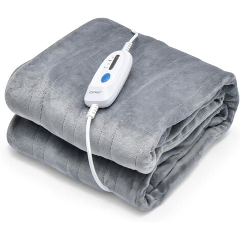 COSTWAY Coperta Elettrica Riscaldata, Coperta Riscaldante con 4 Livelli di Riscaldamento e Telecomando, Flanella Lavabile in Lavatrice, Funziona Spegnimento Automatico (Grigio, 130x180cm)
