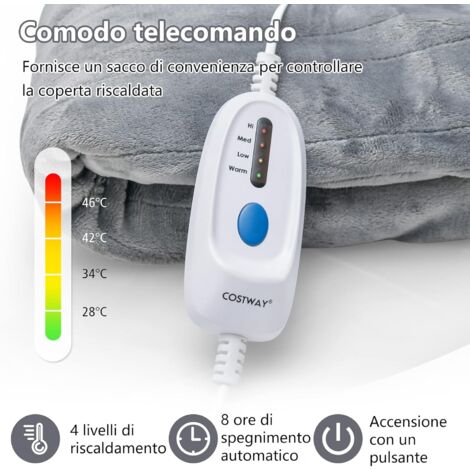 COSTWAY Coperta Elettrica Riscaldata, Coperta Riscaldante con 4 Livelli di Riscaldamento e Telecomando, Flanella Lavabile in Lavatrice, Funziona Spegnimento Automatico (Grigio, 130x180cm)