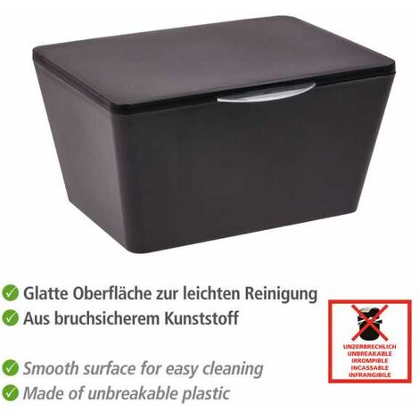 WENKO Scatola con coperchio Brasil, Cestino per la conservazione, cestino per il bagno con coperchio, Plastica (PET), 19 x 10 x 15,5 cm, Nero