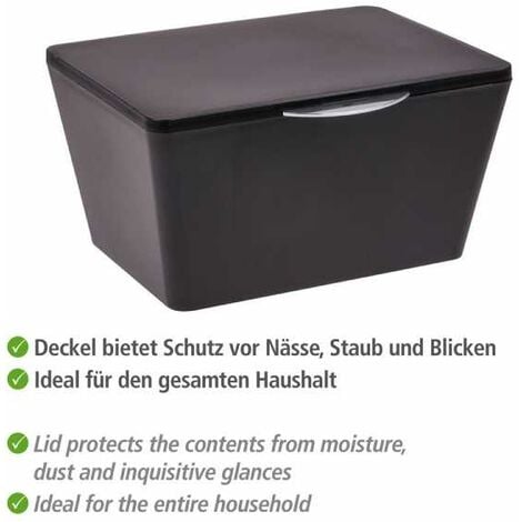 WENKO Scatola con coperchio Brasil, Cestino per la conservazione, cestino per il bagno con coperchio, Plastica (PET), 19 x 10 x 15,5 cm, Nero