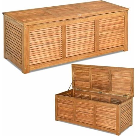 RELAX4LIFE Panca Baule in Legno di Acacia, Scatolone Rialzato a Doghe, Coperchio Ribaltabile con Maniglia ad Anello, Contenitore Portatutto da Interno Esterno, 120x45x45cm