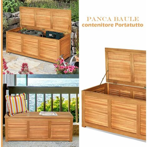 RELAX4LIFE Panca Baule in Legno di Acacia, Scatolone Rialzato a Doghe, Coperchio Ribaltabile con Maniglia ad Anello, Contenitore Portatutto da Interno Esterno, 120x45x45cm