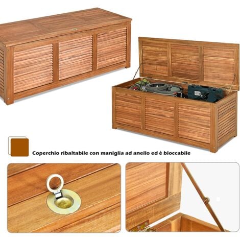 RELAX4LIFE Panca Baule in Legno di Acacia, Scatolone Rialzato a Doghe, Coperchio Ribaltabile con Maniglia ad Anello, Contenitore Portatutto da Interno Esterno, 120x45x45cm