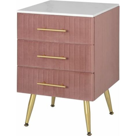 WOLTU Comodino Camera da Letto in Velluto con Tre Cassetti. Cassettiera in Legno. Organizzatore da Letto. Gambe in Metallo. Bianco e Rosa