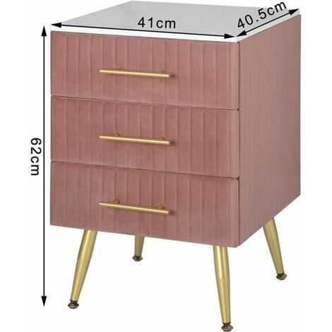 WOLTU Comodino Camera da Letto in Velluto con Tre Cassetti. Cassettiera in Legno. Organizzatore da Letto. Gambe in Metallo. Bianco e Rosa