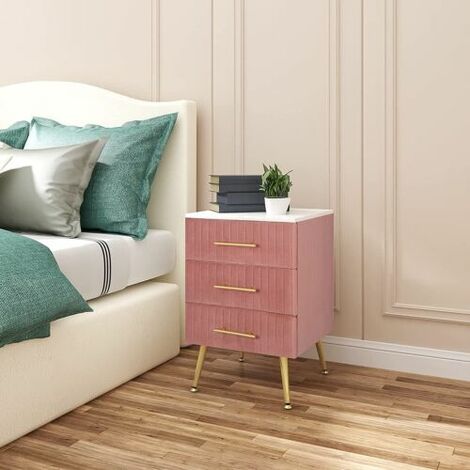 WOLTU Comodino Camera da Letto in Velluto con Tre Cassetti. Cassettiera in Legno. Organizzatore da Letto. Gambe in Metallo. Bianco e Rosa