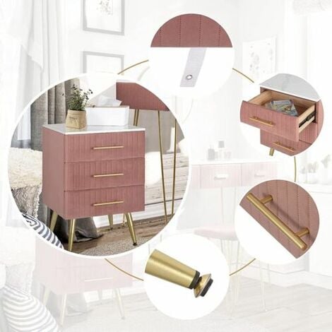 WOLTU Comodino Camera da Letto in Velluto con Tre Cassetti. Cassettiera in Legno. Organizzatore da Letto. Gambe in Metallo. Bianco e Rosa
