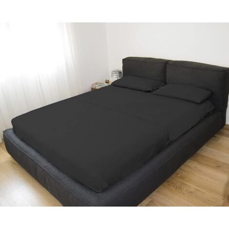 GEMITEX Completo letto Matrimoniale, Colore NERO, con Trattamento NO-STIRO, effetto Raso, in 100% Microfibra di poliestere. Composto da 2 lenzuola e 2 federe TINTA UNITA. Made in Italy