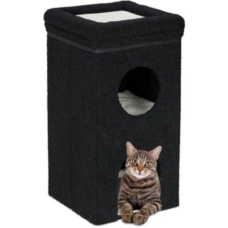 Relaxdays Casa per Gatti, HLP 76x40x40 cm, Cuccia a 3 Piani, Tiragraffi, Pieghevole, Casetta con Cuscini Interni, Nero