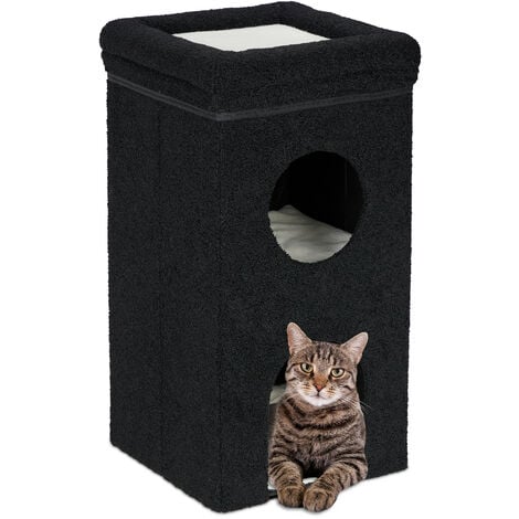 Relaxdays Casa per Gatti, HLP 76x40x40 cm, Cuccia a 3 Piani, Tiragraffi, Pieghevole, Casetta con Cuscini Interni, Nero