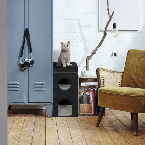 Relaxdays Casa per Gatti, HLP 76x40x40 cm, Cuccia a 3 Piani, Tiragraffi, Pieghevole, Casetta con Cuscini Interni, Nero