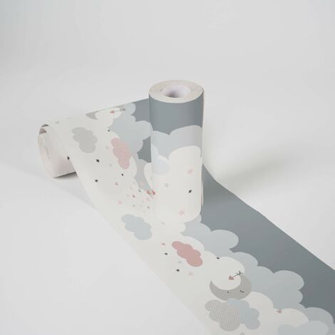 Bordi Adesivi Per Pareti Lovely Kids Dreamy Sky 5.00 m x 0.155 m Grigio Rosa Bianco Prodotto in Germania da A.S. Création 403743