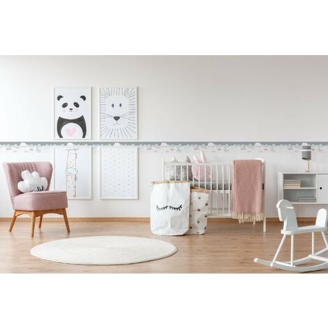 Bordi Adesivi Per Pareti Lovely Kids Dreamy Sky 5.00 m x 0.155 m Grigio Rosa Bianco Prodotto in Germania da A.S. Création 403743