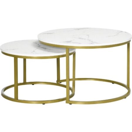 HOMCOM Set 2 Tavolini Rotondi da Salotto Impilabili Bianco e Oro
