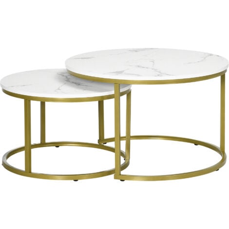 HOMCOM Set 2 Tavolini Rotondi da Salotto Impilabili Bianco e Oro