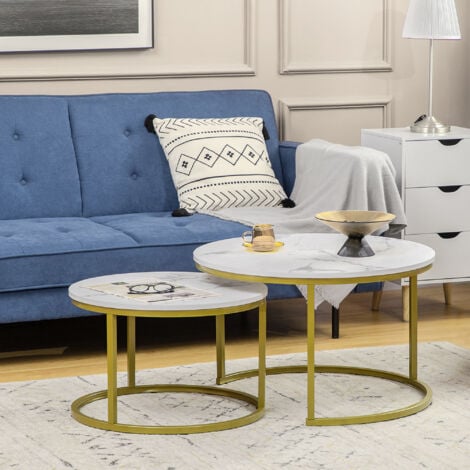 HOMCOM Set 2 Tavolini Rotondi da Salotto Impilabili Bianco e Oro