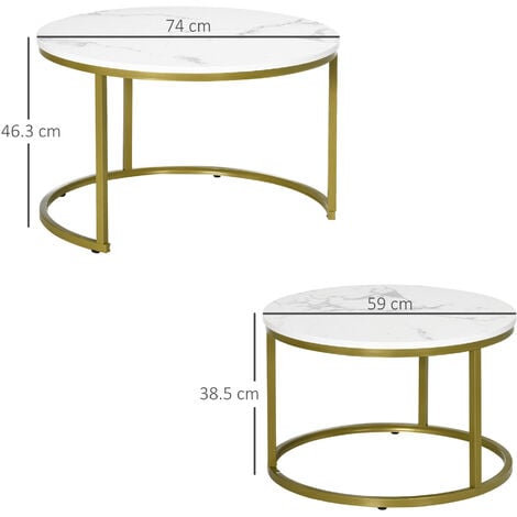 HOMCOM Set 2 Tavolini Rotondi da Salotto Impilabili Bianco e Oro