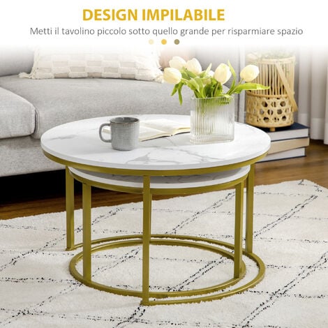 HOMCOM Set 2 Tavolini Rotondi da Salotto Impilabili Bianco e Oro