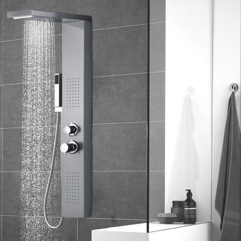Colonne doccia termostatiche Pannello doccia in acciaio inox spazzolato, set doccia con soffione a pioggia, doccia massaggiante, doccia a cascata, doccetta (argento) HENGMEI