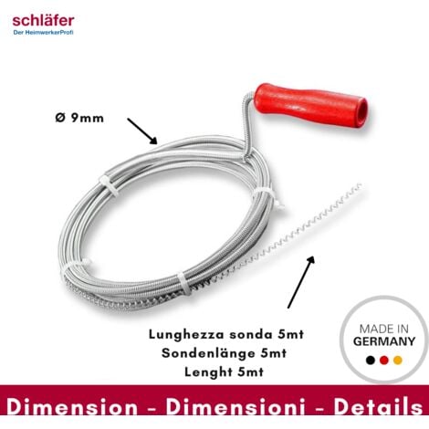 Schläfer 323302  Sturalavandini e Scarichi, Sonda Sturatubi a Spirale per Pulizia Scarichi Otturati di Lavandini, Lavelli, Vasche, Docce e Wc, Lunghezza 5mt, Diametro 9mm
