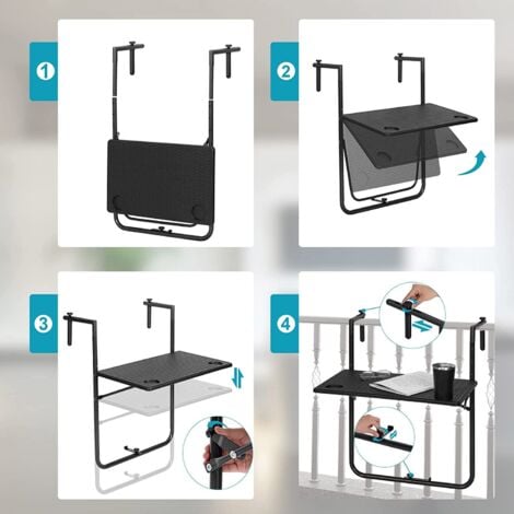 WOLTU Tavolino Pieghevole da Balcone. Tavolo Sospeso Regolabile in 3 Altezze. Tavolo Piccolo Richiudibile. Tavolino da Appendere per Ringhiera. Terrazza. Giardino. in Stile Rattan. Nero