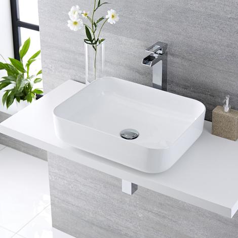 Hudson Reed Milton Lavabo d'Appoggio Rettangolare per Bagni - Lavandino Bagno con Design Moderno - Ceramica Bianca - Senza Fori per la Rubinetteria - 500 x 400 x 140mm