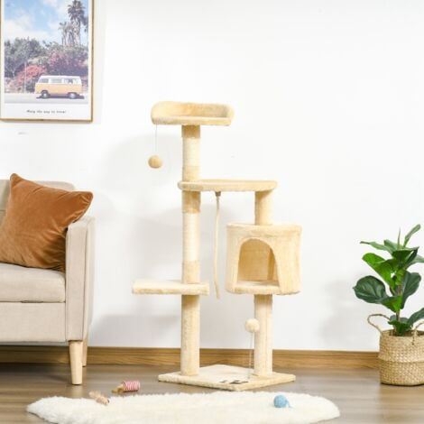 PawHut Albero Tiragraffi per Gatti in Legno a 4 Livelli con Cuccia