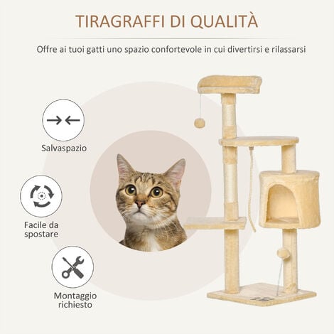 PawHut Albero Tiragraffi per Gatti in Legno a 4 Livelli con Cuccia