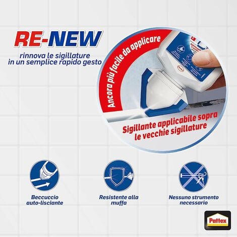 Pattex RE-NEW Sigillante Bagno e Cucina Bianco 80 ml – Rinnovo Fughe e Antimuffa