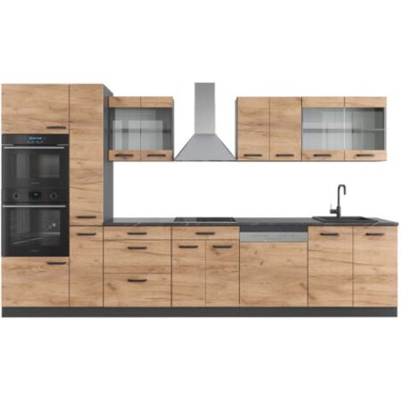 Cucina componibile R-Line, Quercia dorata/antracite, 350 cm con armadio alto, senza piano di lavoro, Vicco